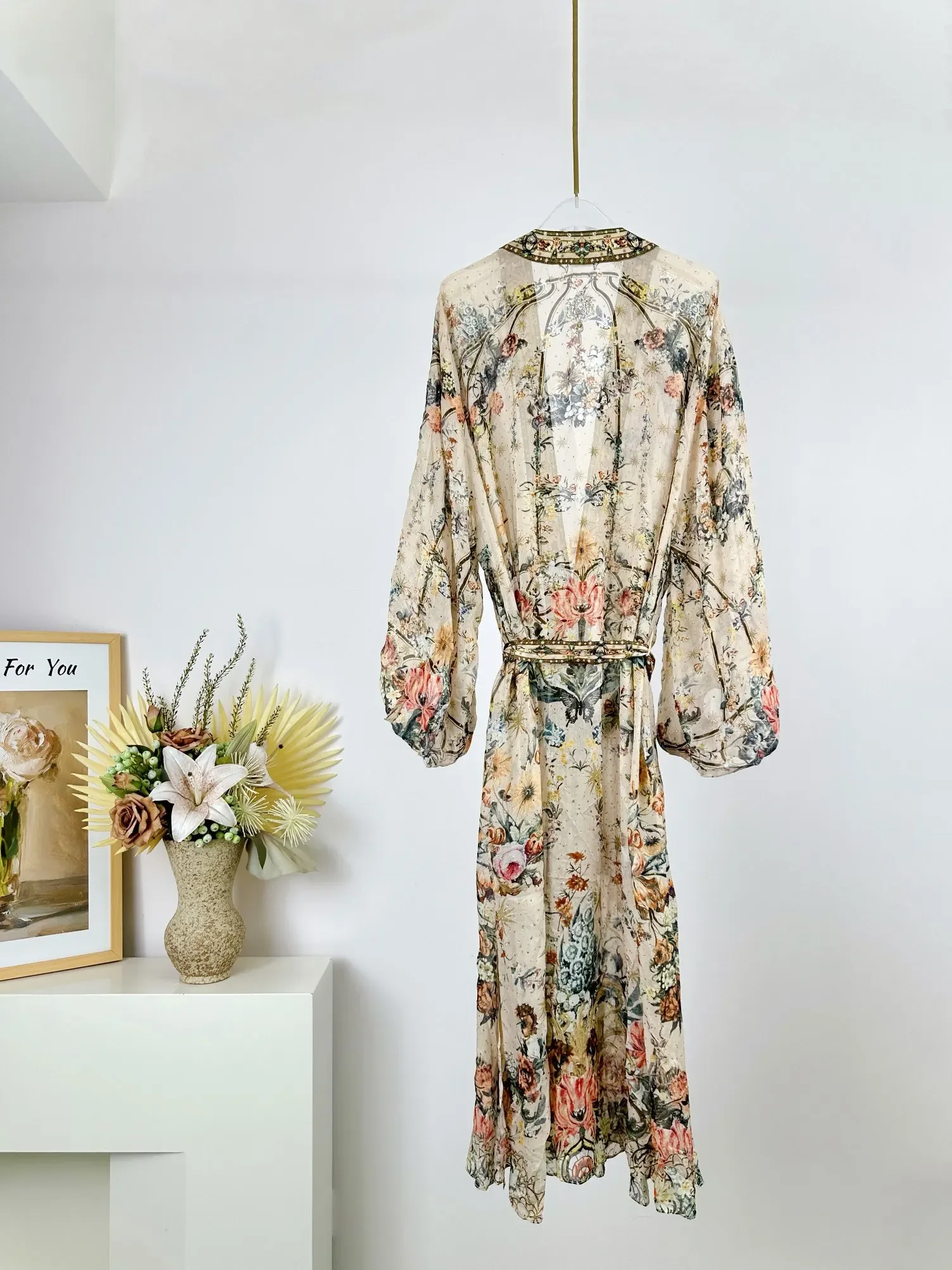 

Women Floral Printed Long Dress Lace-up Deep V-Neck Long Sleeve Vintage Silk Robe