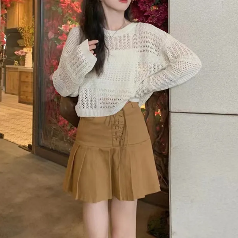 Sweet Breathable Hollow Women Tops Hook Flower Loose Knit Blouse Sun Protection Tops Sun-proof Clothing