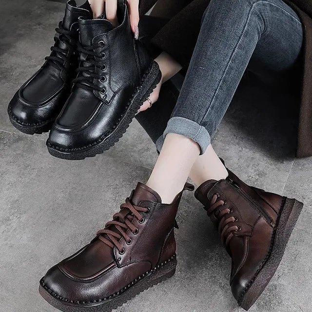 

Handmade Women's Boots Soft Bottom Flat Heel Leather Anti-Slip Comfortable round Toe Fashionable All Seasons Chinese Manufact...