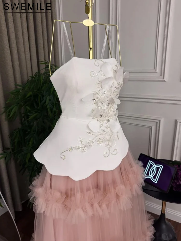 SWEMILE-vestidos de noche elegantes con apliques sin tirantes, corte en A, Vintage, flores en 3D, corsé, vestidos de graduación, vestidos de fiesta de tul escalonados 2026