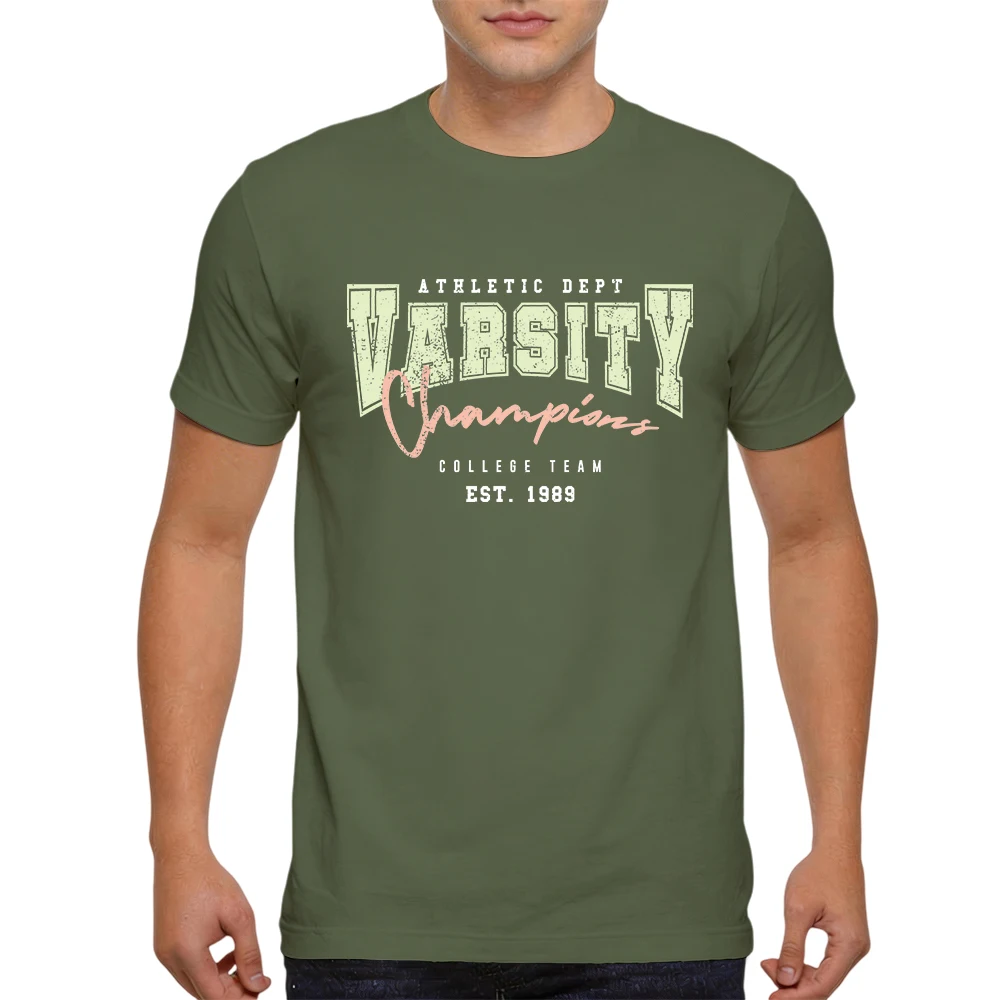 Mens 100% Cotton T Shirt Varsity Champions Athletic Dept 1989 Vintage College Team Print Breathable Short Sleeve Summer Tees