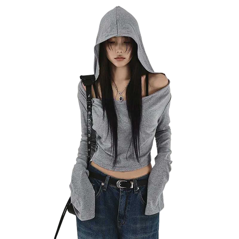 Casual Hooded Shirt Off Shoulder Hoodie Long Sleeve Style Female Apparel Item Fashionable Long Sleeve Shirt Hooded