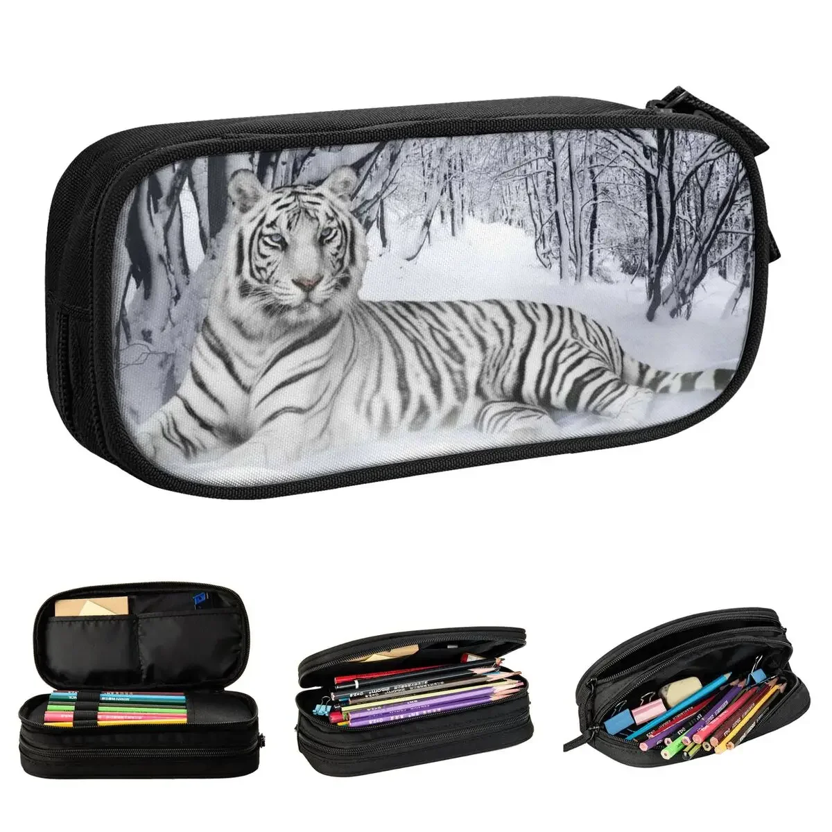 Bengal White Tiger Pencil Cases Animal Lovers Pen  Bags Student Big Capacity Office Gifts  Box