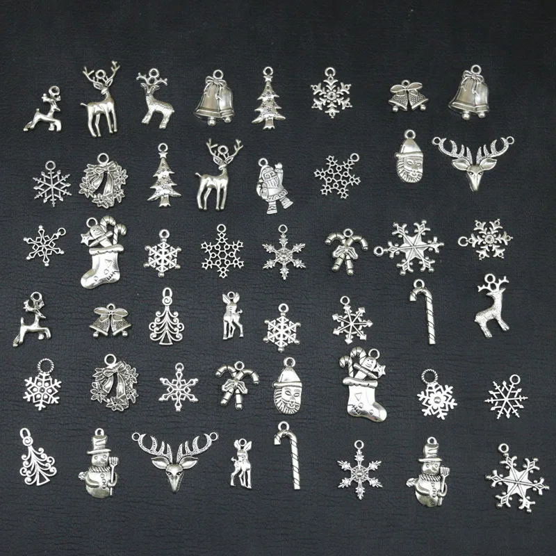 

(50 Pcs/pack) Mixed Silver Alloy Pendant Christmas Snowflake Elk Decoration Handmade Gift Label Pendant Jewelry Making DIY