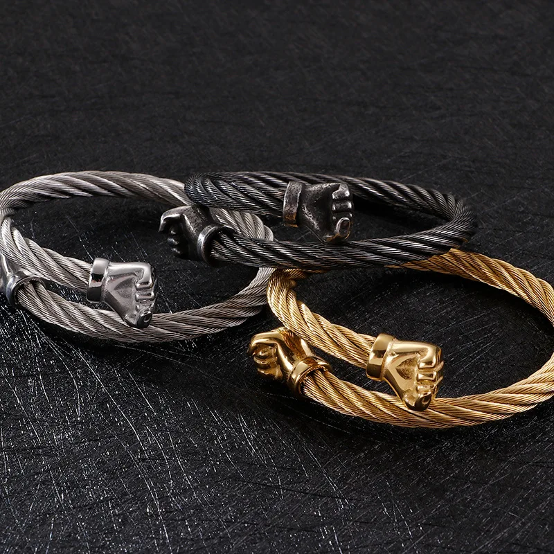 Fashion Minimalist Titanium‑Steel Boxing‑Glove Bracelet Retro Stainless‑Steel Wire‑Wrapped Men Statement Wrist Jewelry