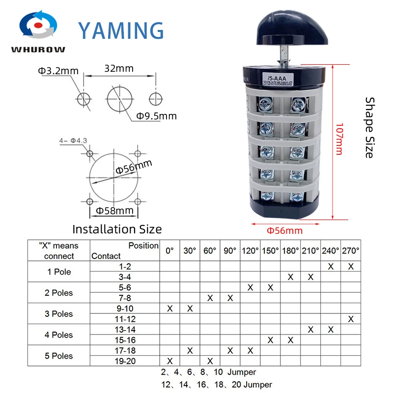 Changeover Cam Switch YMZ12-32/5-AAA Five Poles 32A Ui690V 20 Screws Silver Contact Transfer Elecrical Replace SZL9 - Detail 1