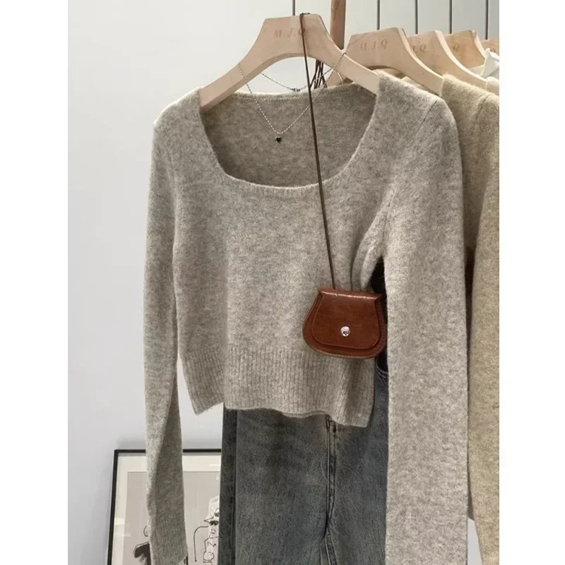 Square Collar Sweater Women Street Casual Chic Soft Short Knit Pullover Female Autumn Winter Long Sleeves Solid Knitwears Lady