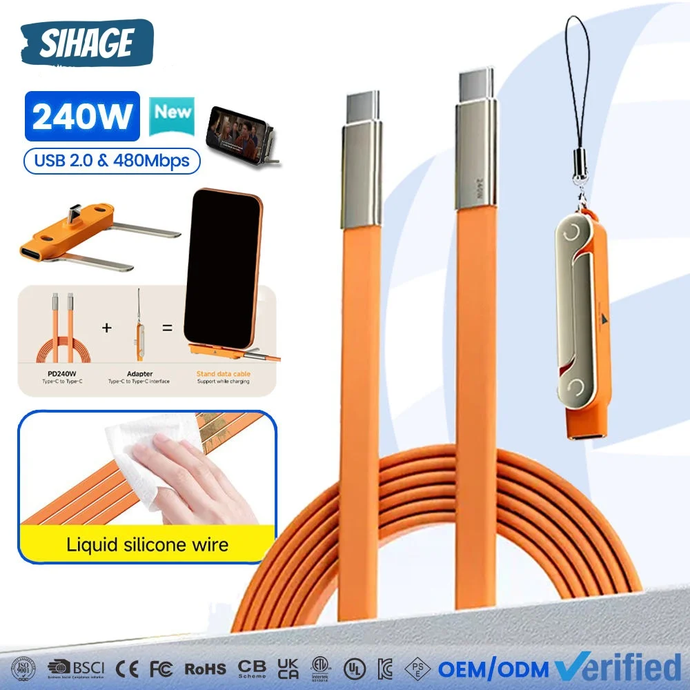 New Vertical Data Cable 240W Type C to Type C Data Cable with Travel Bracket Adapter for Cell Phone Laptop Mobile  Charging Kit