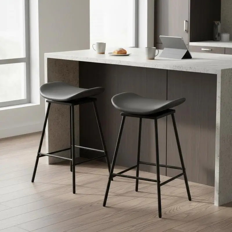

Set of 2 Swivel Barstools Faux Leather Upholstered Backless with Footrest-Black