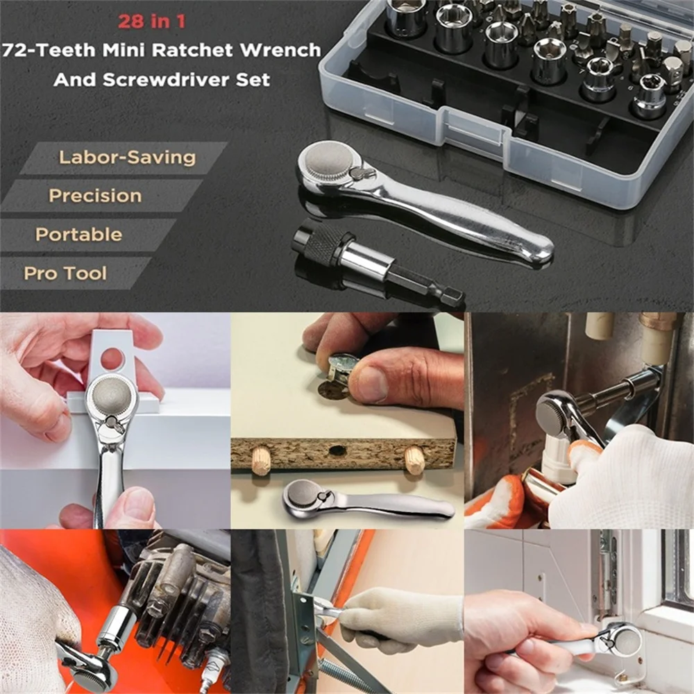 Multi Functional Front And Back Mini Socket Hex 28 In 1 72 Tooth Ratchet Wrench Screwdriver Set