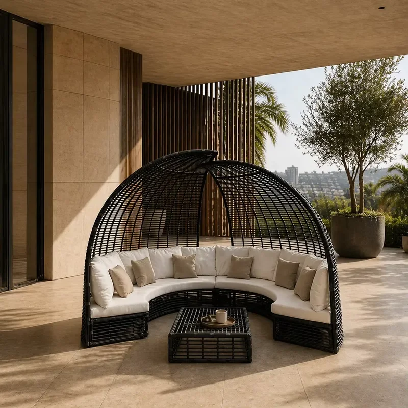 Commercial Outdoor Cabana Sofa Set PE Wicker Aluminum Frame Modular Lounge Chair Garden Furniture Hotel Courtyard Comfortable