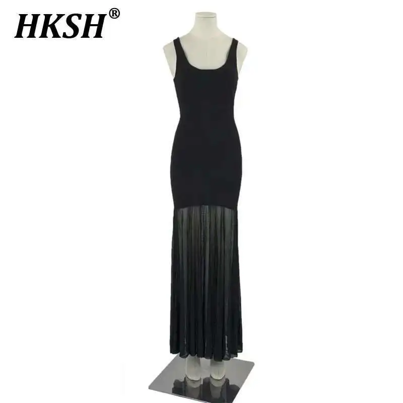 

HKSH 2025 Spring New Women Dark Slim Mesh Dress Summer High-end Elegant Temperament Slim Fit Fishtail Long Skirt Y2K Ins HK3858