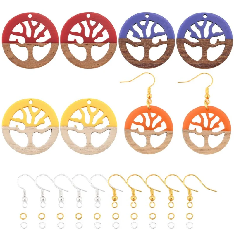 Creative Chic Hollow Round Tree Pendants DIY Two Tone Resin Wooden Dangle Earrings Jewelry Making Crafts with Metal Findings Kit