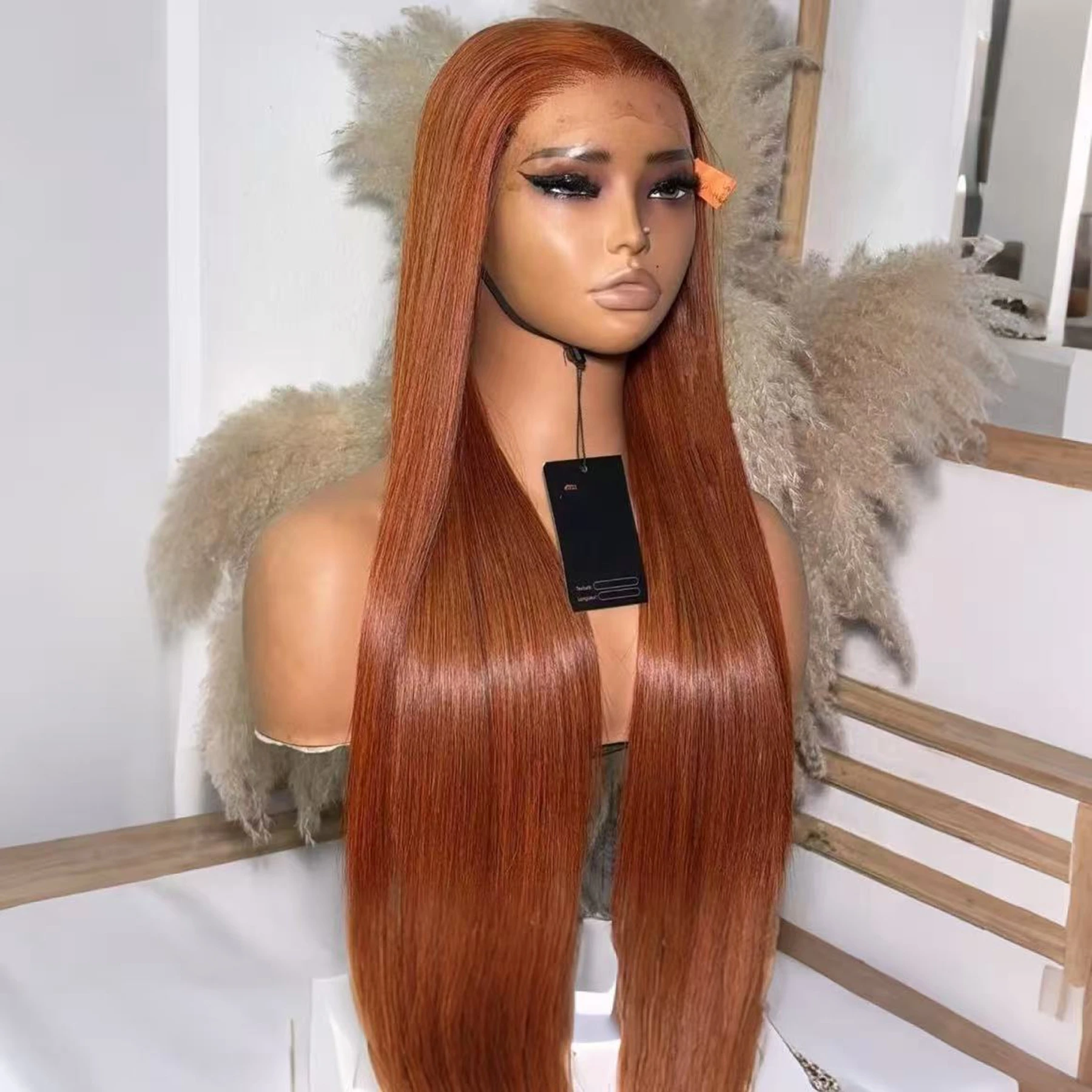 

Прямой синтетический парик с HD-кружевом 13x4, цвета имбирно-оранжевый, для женщин, с предварительно выщипанными прядями и детским волосом, без клея, для косплея