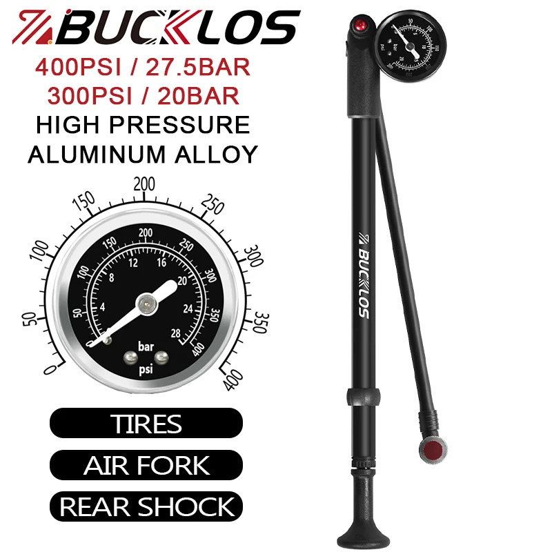 

BUCKLOS Bicycle Air Fork Pump Max 400psi 27.5Bar 300psi 20Bar Bike Rear Shock Pump Aluminum Alloy Bicycle Schrader Tire Inflator