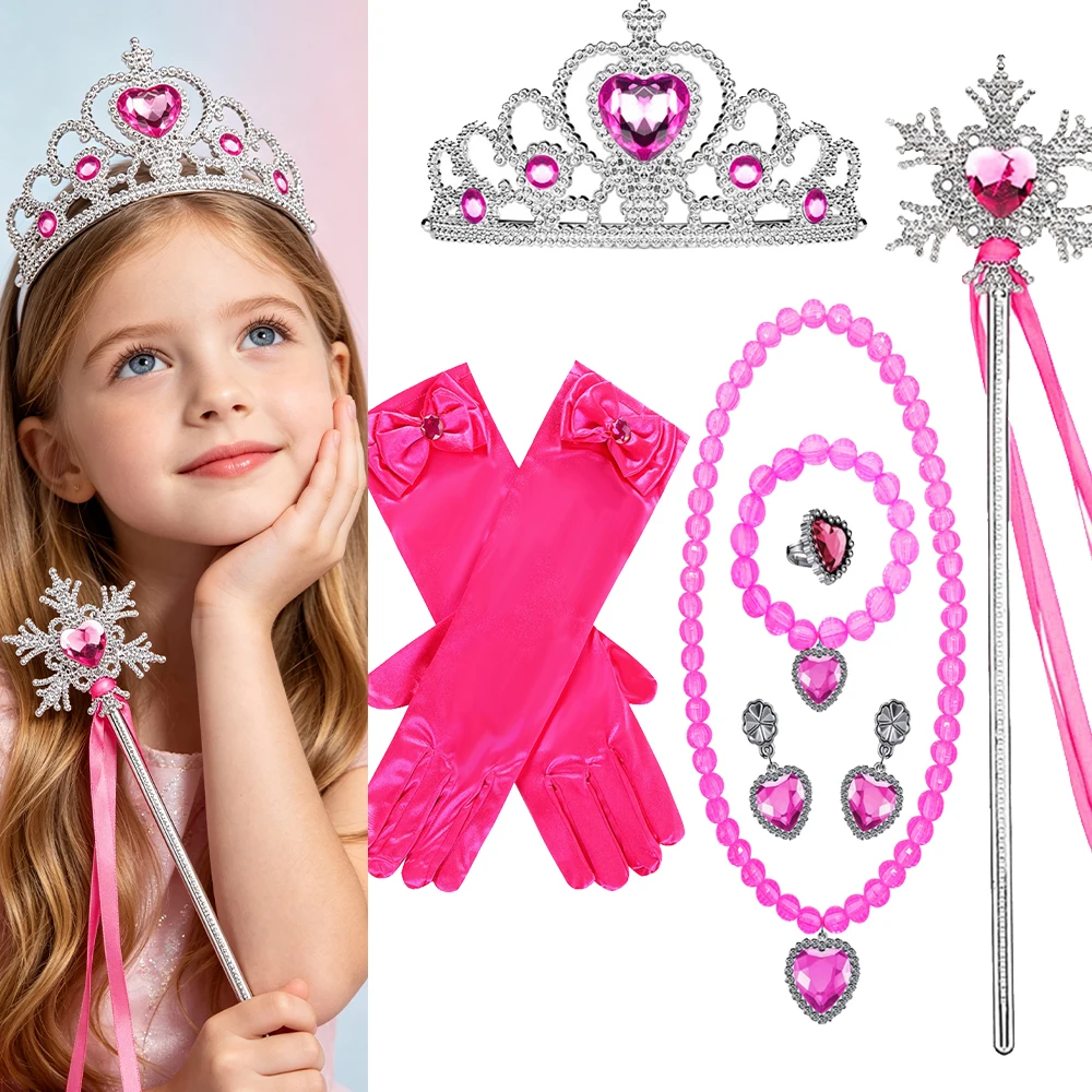 Girls Rose Red Princess Dress Up Accessories Set Tiara Crown Wand Gloves Necklace Jewelry Kit Kids Halloween Christmas Birthday