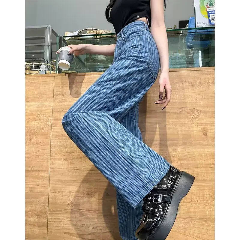 

Retro High Waist Straight Leg Denim Jeans Women's Spring New Loose Striped Design Versatile Narrow Version Wide Leg Long Pants