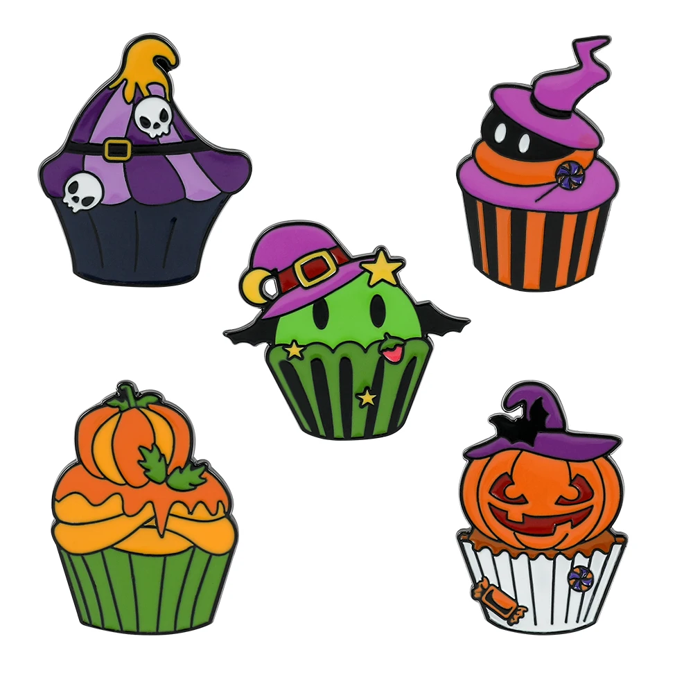 Wholesale Halloween Cupcake Brooch Cartoon Funny Ghost Skull Pumpkin Shape Metal Badge Bag Accessories Pins Gift to Friends