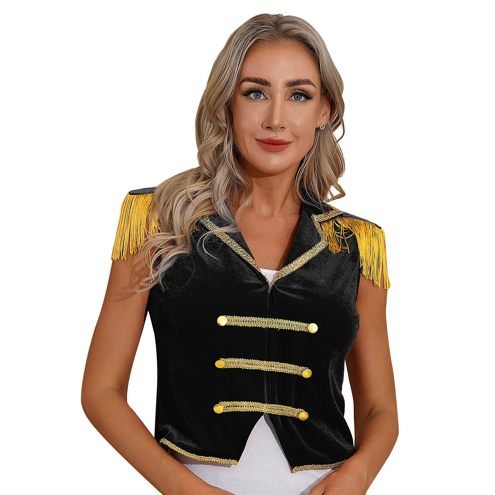 Womens Circus Ringmaster Costume Jacket Halloween Cosplay Outfit Lapel Sleeveless Tassels Waistcoat Irregular Hem Button Vest