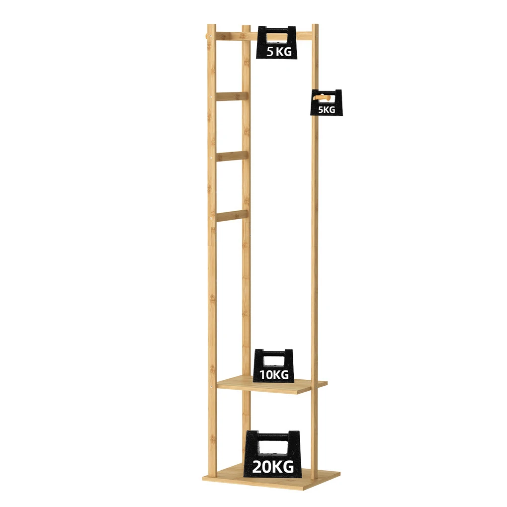 Rack de roupas de bambu, corredor de canto, árvores, trilho de suspensão, rack de roupas com 2 prateleiras, 3 ganchos de cabide