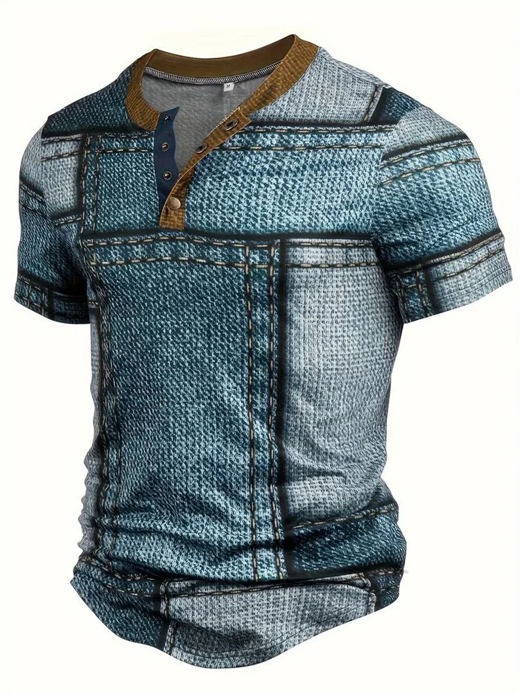 Fashion Men\'s Retro Denim Check Printing T-shirt V-neck Button Short Sleeve Oversized Casual Comfortable Summer T-shirt Clothing