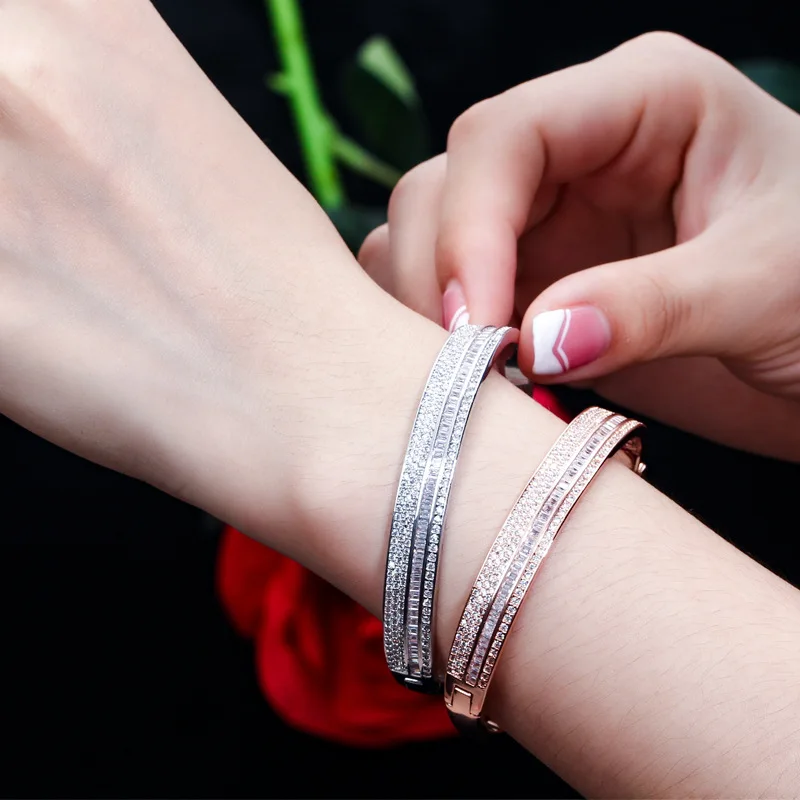 2 Colors Triple Row Full Pave CZ Bangle Silver Rose Gold Stainless Steel Women Stackable Bracelet