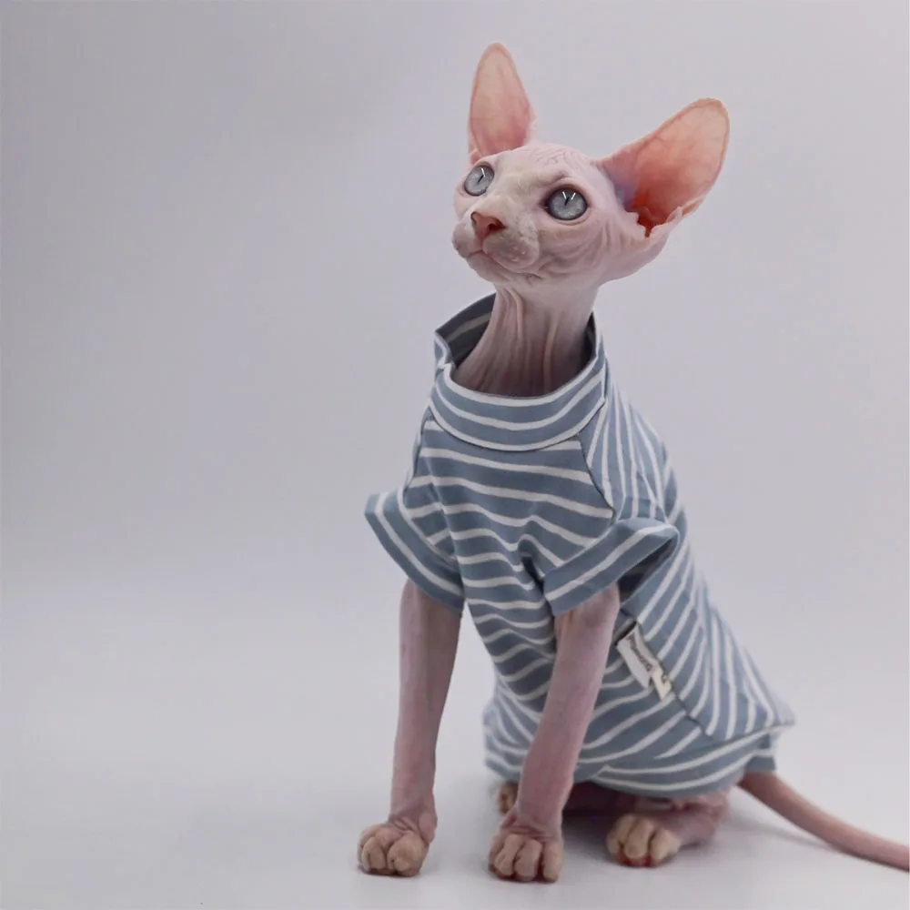 Soft pet T-shirt for Sphynx Cat Clothing in Spring Warm Fleece Striped Jumpsuit for Kittens Dogs short sleeves Shirt Devon Rex