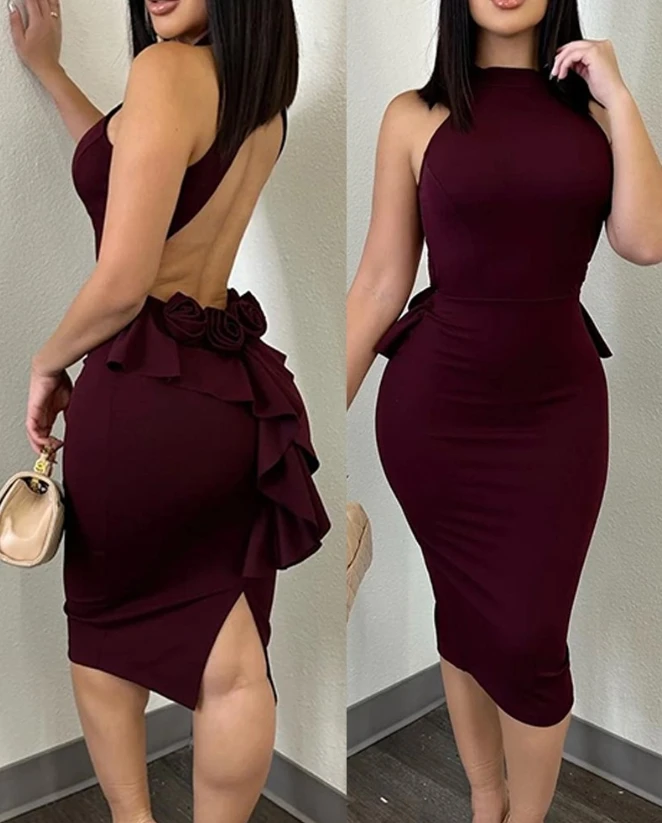 

Dresses for Women 2023 New Solid Color Floral Pattern Backless Ruffle Hem Party Dress Sleeveless Sexy Skinny Midi Dress