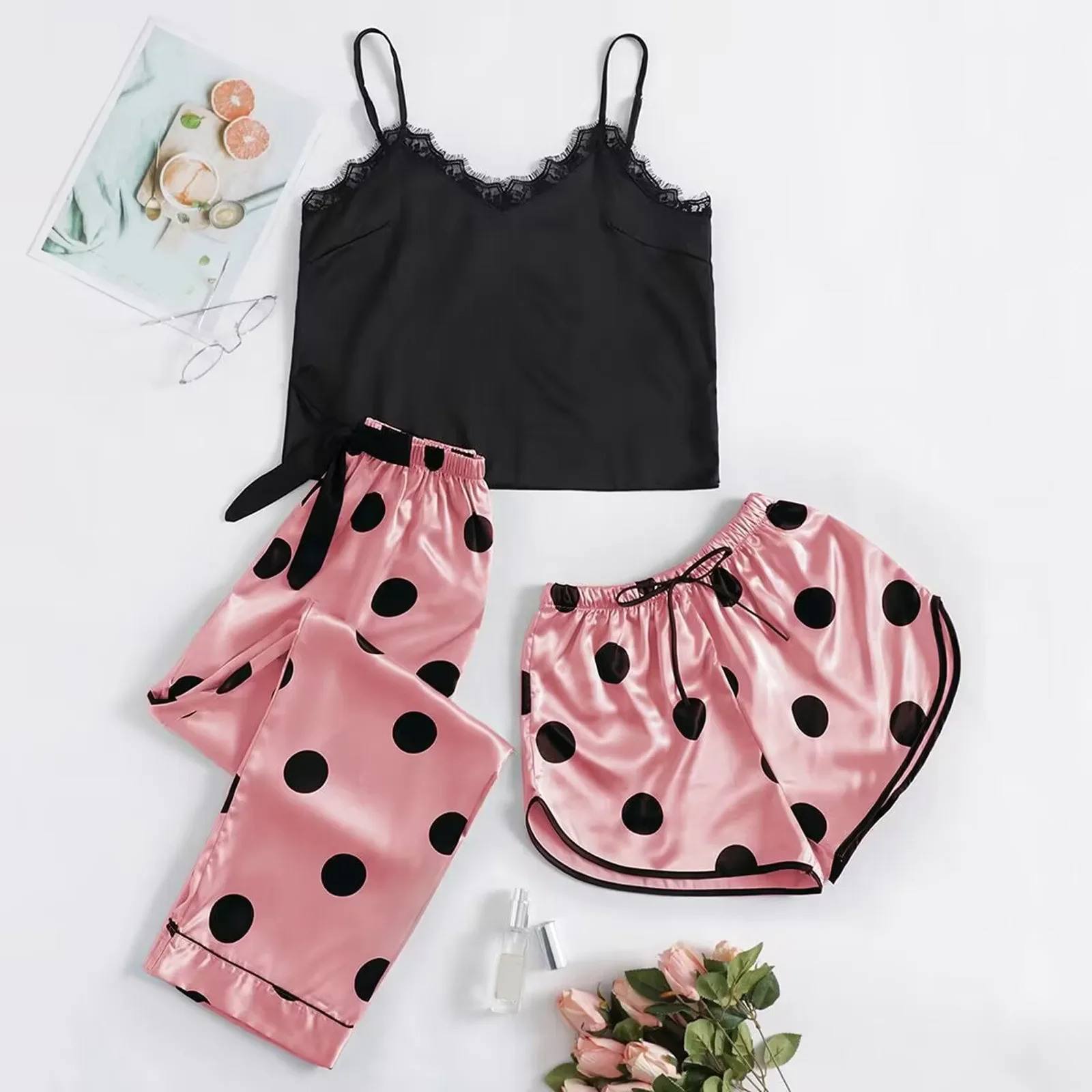 

3pcs Women Sexy Satin Lingerie Underwear Babydoll Silk Nightgowns Sleepshirt Nightwear Sleepwear Strap Polka Dots Lace Set