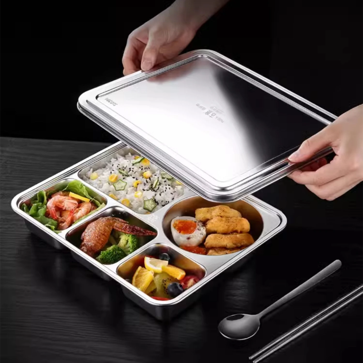 LFGB Certification Pure 304 Stainless Steel School Canteen Meal Box 4 and 5 Grids Food Tray 4cm Depth Strengthen Food Container