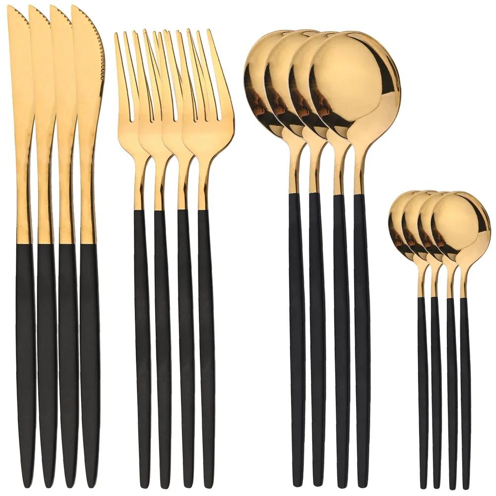 

16Pcs Tableware Sets Gold Stainless Steel Dinnerware Set Fork Knife Tea Spoon Dinner Cutlery Silverware Kitchen Flatware Set