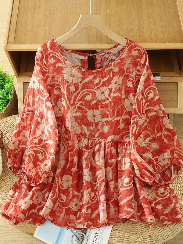 

Retro Floral Cotton Linen Lantern Sleeve Shirt Women Summer Loose Belly Concealing Slimming Casual Sun Protection Doll Shirt Top