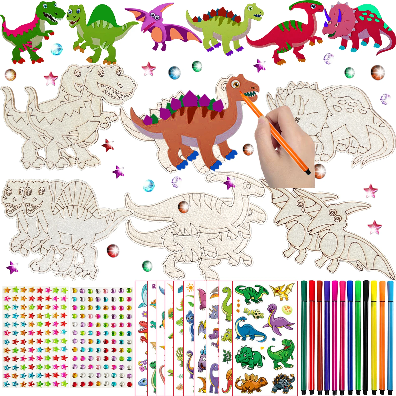 218PCS Dinosaur Wooden Craft Set, 12 Unfinished Dinosaur Wood, Birthday Party Decorations, Gift Labels, Wooden Craft Set