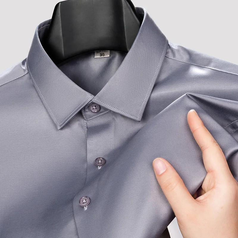 الرجال قميص غير الكي المضادة للتجاعيد الأعمال عادية بلون مطاطا السلس طويلة الأكمام العمل الاجتماعي الأزرق الأبيض فستان قميص 5XL