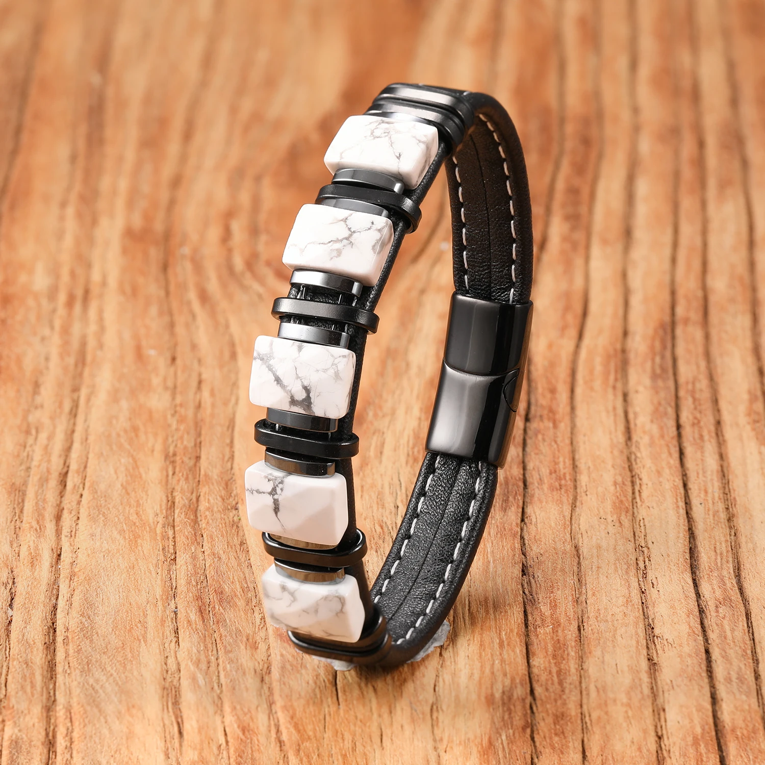 .Natural Colored Stone，Leather Cord Bracelet，Stainless Steel Clasp，Boho Chic Healing Crystal Jewelry Gift for Women Men