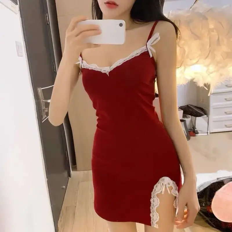 Summer Tank Sexy Mini Dress Low Cut Side Slit Lingerie Women's Fiery Temptation Sleepwear V-neck Sleeveless Nightgown