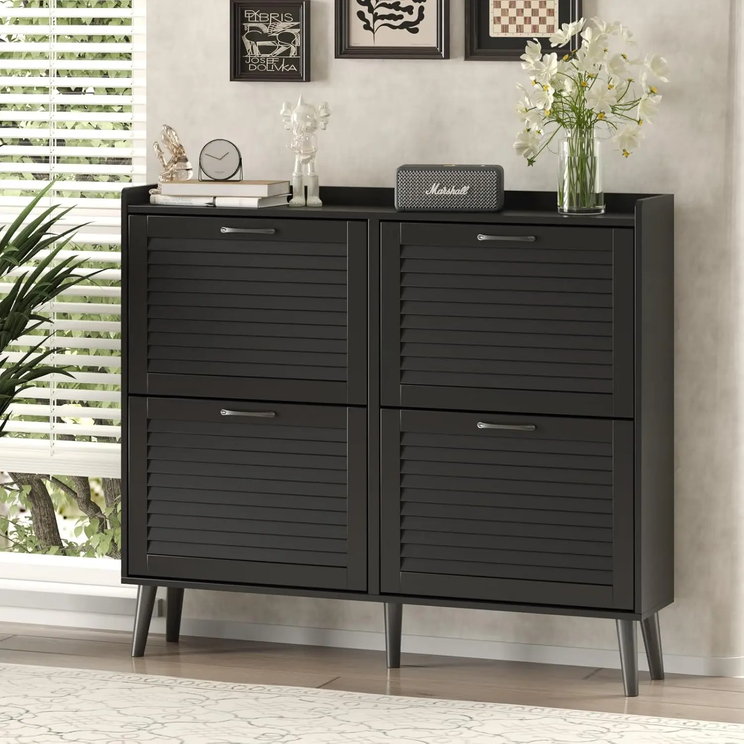 Shoe Storage Cabinet w/ 4 Flip Louvered Doors, Freestanding Organizer with Metal Hinges ＆ Wooden Legs, Shoe Cabinet for Entryway