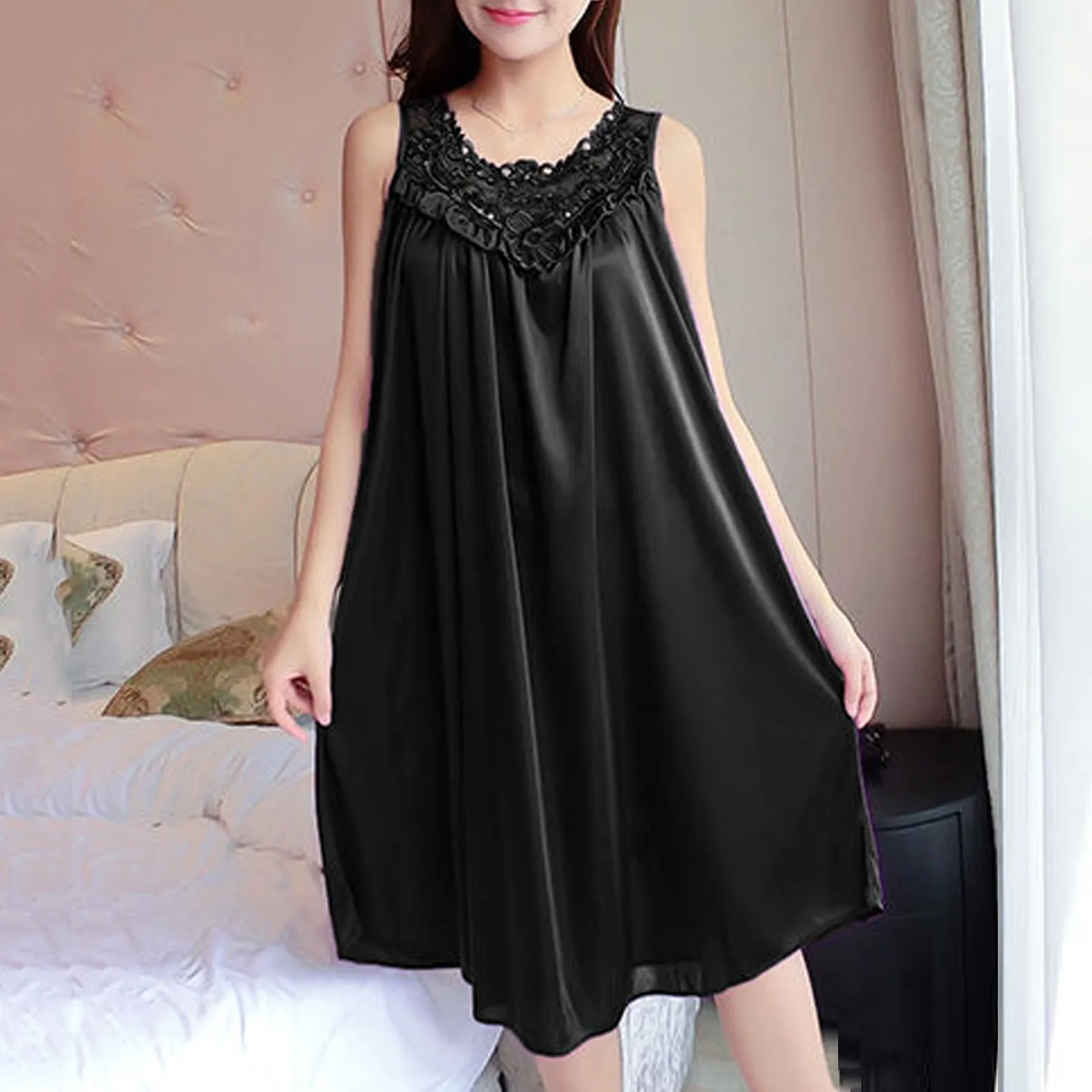 Women's Lace Splice Dress Square Collar Princess Sleepshirts Vintage Ruffle Loose Nightgowns Nightdress Lounge Sleepwear