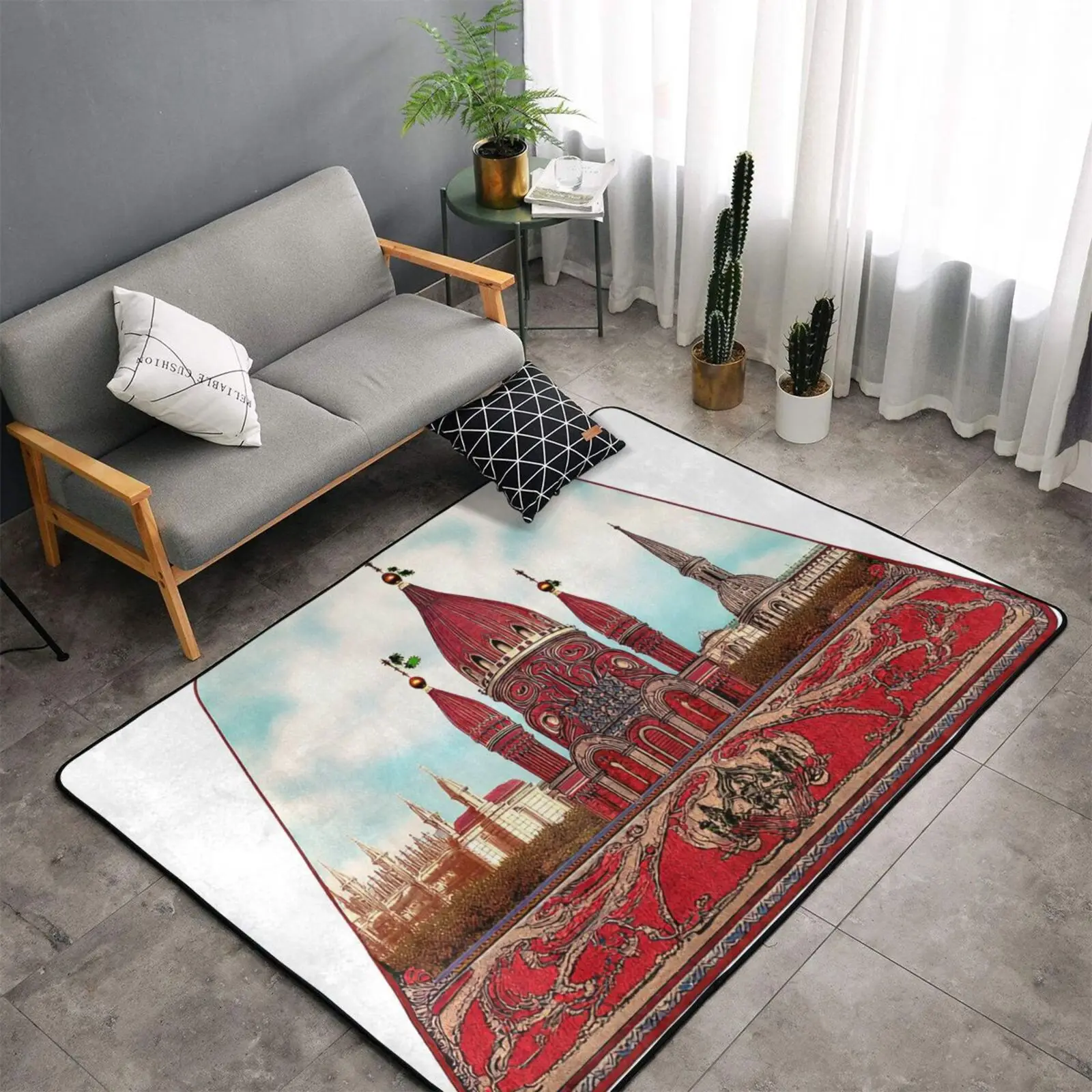 Moscow Red Square Floor Mat St. Vassili Cathedral Pattern Flannel Non-Slip Floor Mat 60x39in White