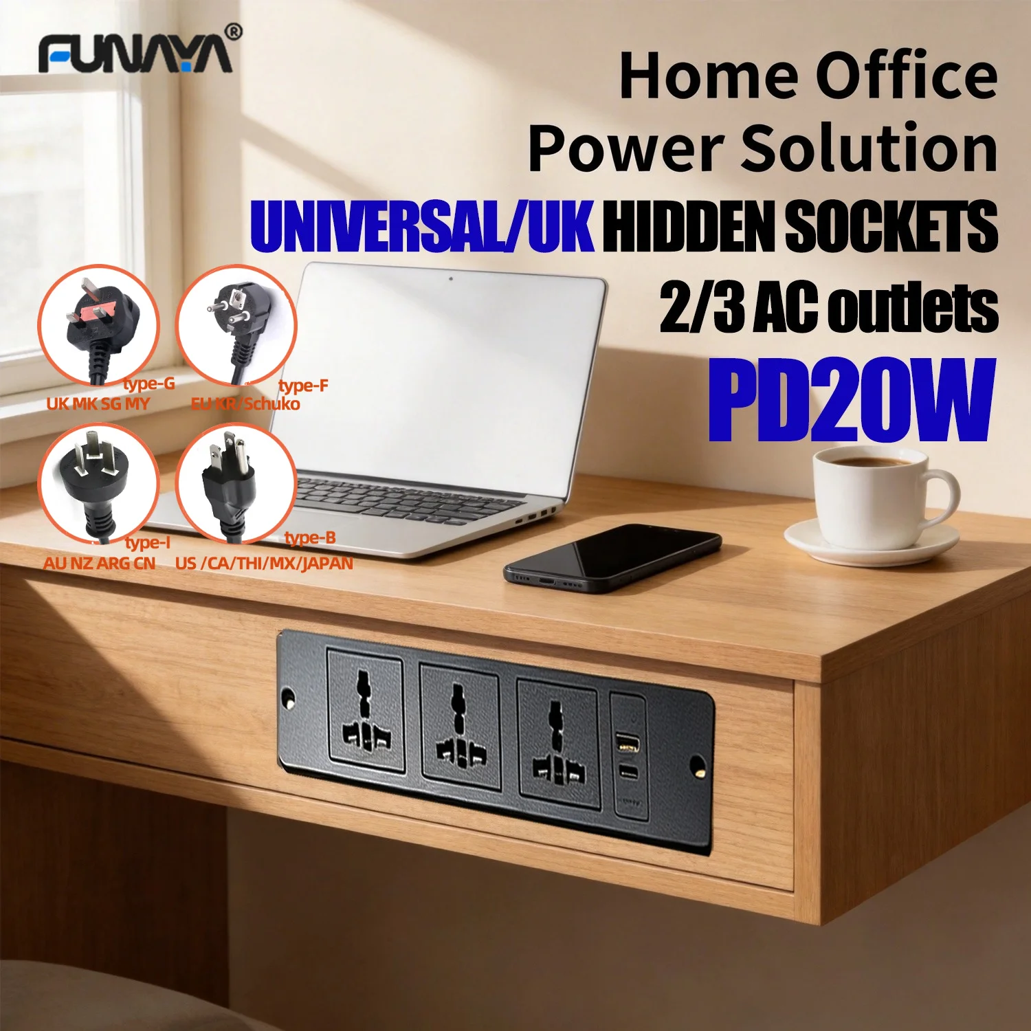FUNAYA Universal UK Built-in Table Recessed Socket with USB A/C Power Electrical Desktop Countertop Furniture Extension Outlets