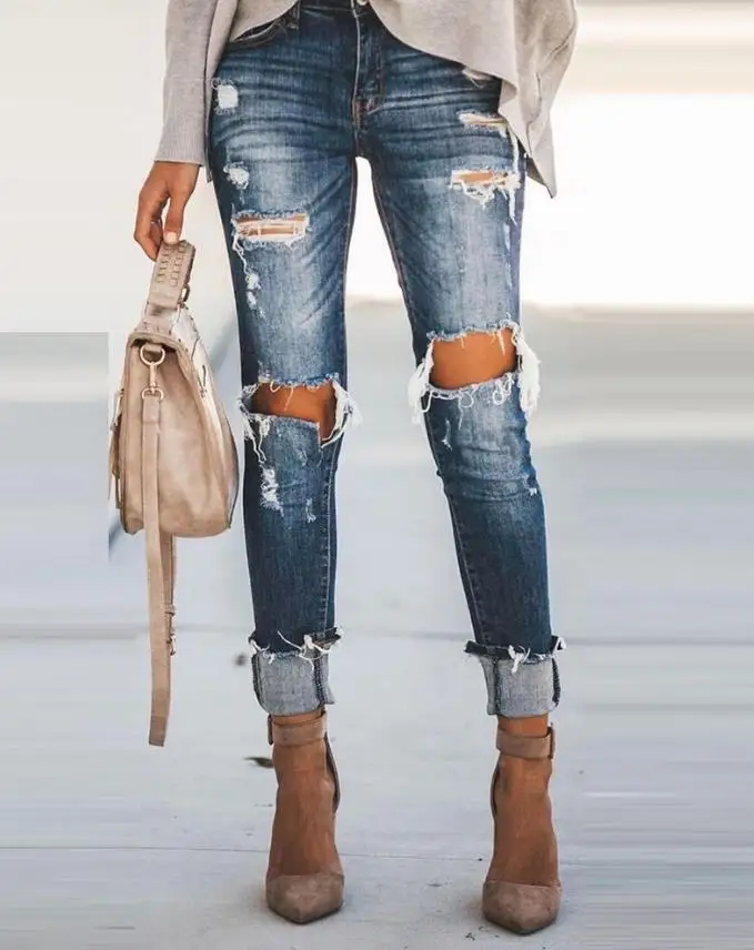 Pants for Women High Waist Plain Denim Ripped Cutout Skinny Jeans 2023 All-Match