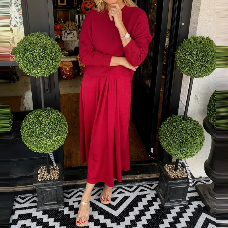 Simples e elegante roupas de festa feminino o-pescoço manga comprida camisola e vestido conjunto de duas peças novo outono casual sólido terno de deslocamento