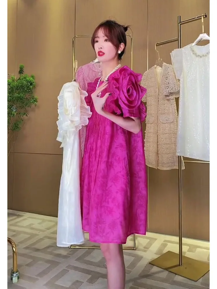 

Новое летнее шелковое платье 2026 года: элегантное, розовое, с коротким рукавом и круглым вырезом, для официальных мероприятий, женское.