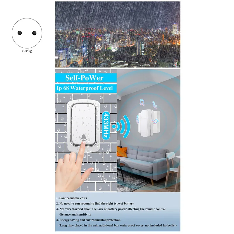 Wireless Doorbell Without Batteries Waterproof Outdoor Kinetic Bell Self-Powered Button EU Plug