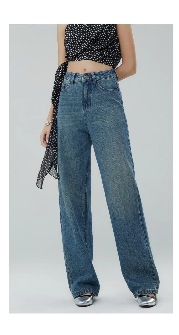 Mulheres denim calças de perna larga jeans cintura alta lavado angustiado vintage até o chão bolsos streetwear calças retas 2025