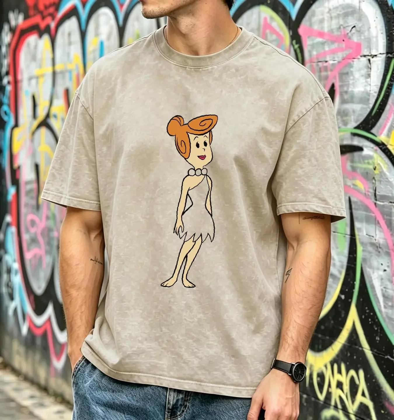 washed T Shirt Rare Wilma flintstone Cotton White Full Size A235 long sleeves vintage Washed Unisex homme fashion Slightly