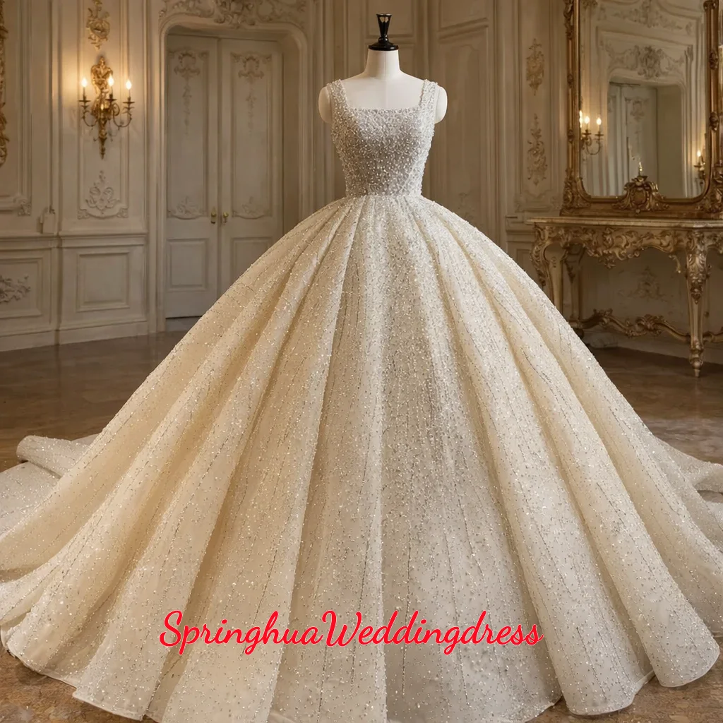 

Customized Luxurious sequined sparkling crystal square-neck wedding dresses formal bridal gown Vestidos De Novia