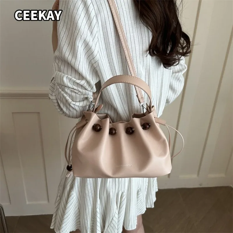 

CEEKAY Litchi Texture PU Mini Drawstring Bucket Bag Bead Decor Adjustable Strap Dual Handle Women Gentle Daily Crossbody Purse