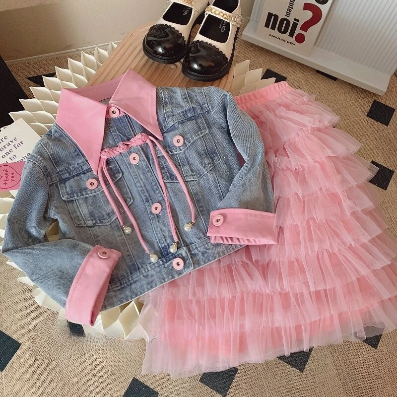 2026 New Spring Autumn Girls Outfit Chinese Style Button Denim Jacket Tulle Layered Cake Skirt 2 Pieces Set Kids Fashion Clothes