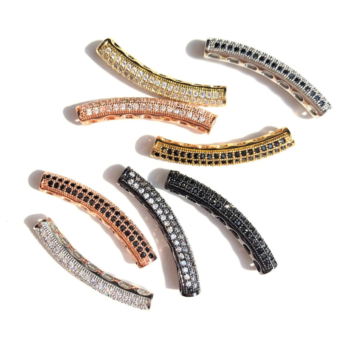 10pcs/lot Centerpiece Long Tube Bar Spacers Beads Women Bracelets Cubic Zirconia Pave Gold-Plated Waist Craft Handmade Accessory